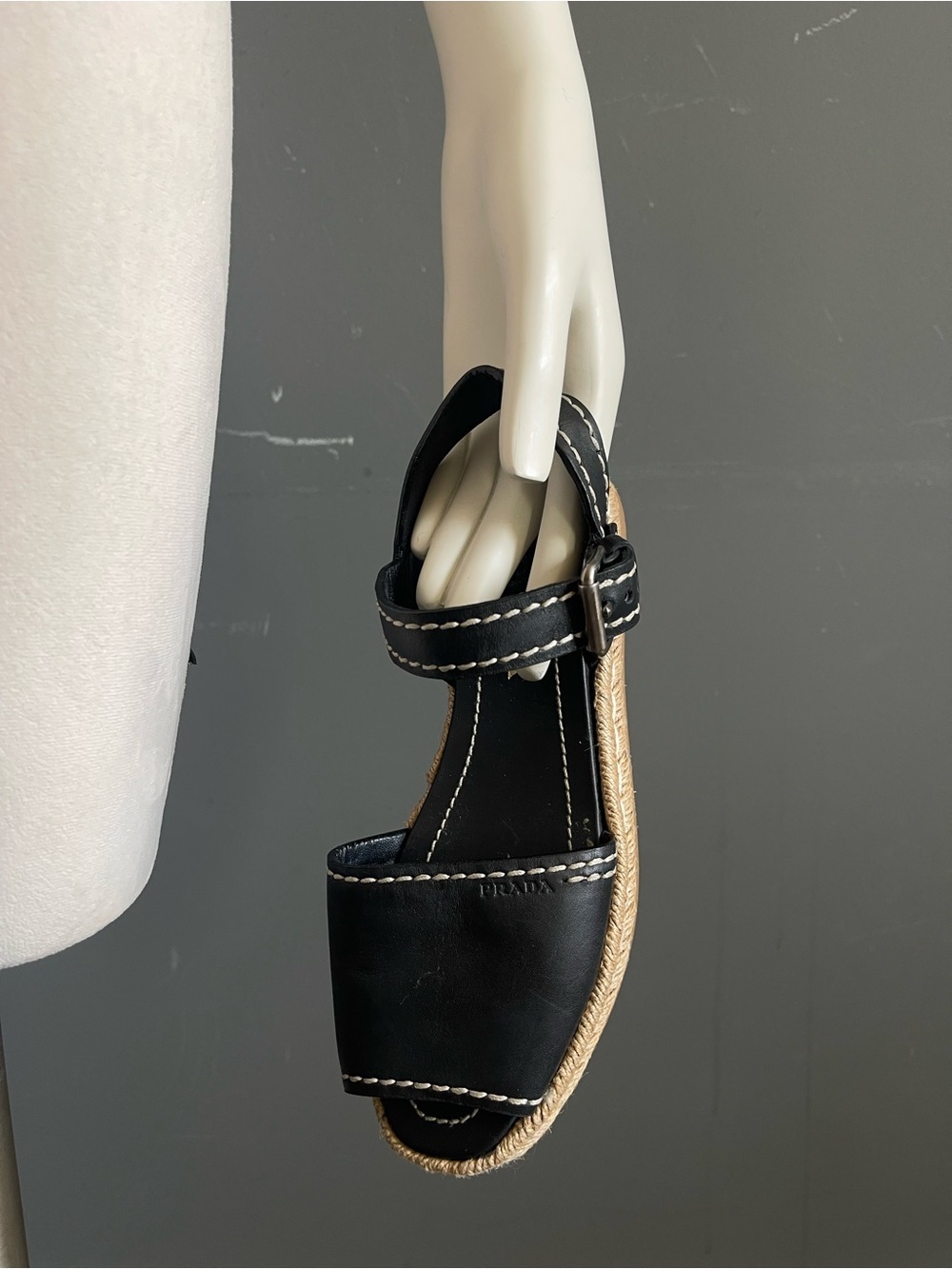 Prada Black Leather Contrast Stitch Espadrille Ankle Strap Sandals Quiet Luxury